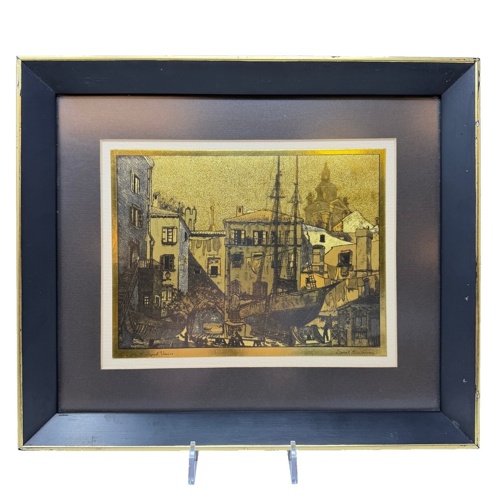 Lionel Barrymore Little Boatyard Venice Gold Foil Framed‎ Print Vintage